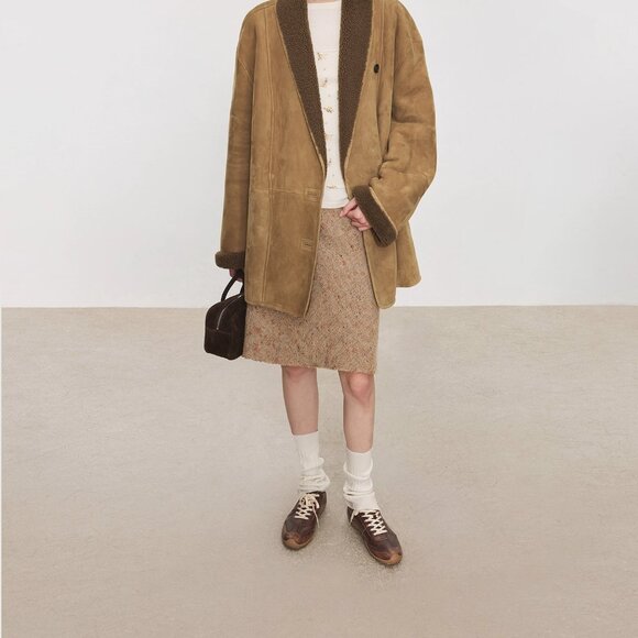 CHICJOC Italian Wool Tweed Speckled A-Line Skirt Luxury Textured Tweed Mid Skirt - Picture 2 of 11